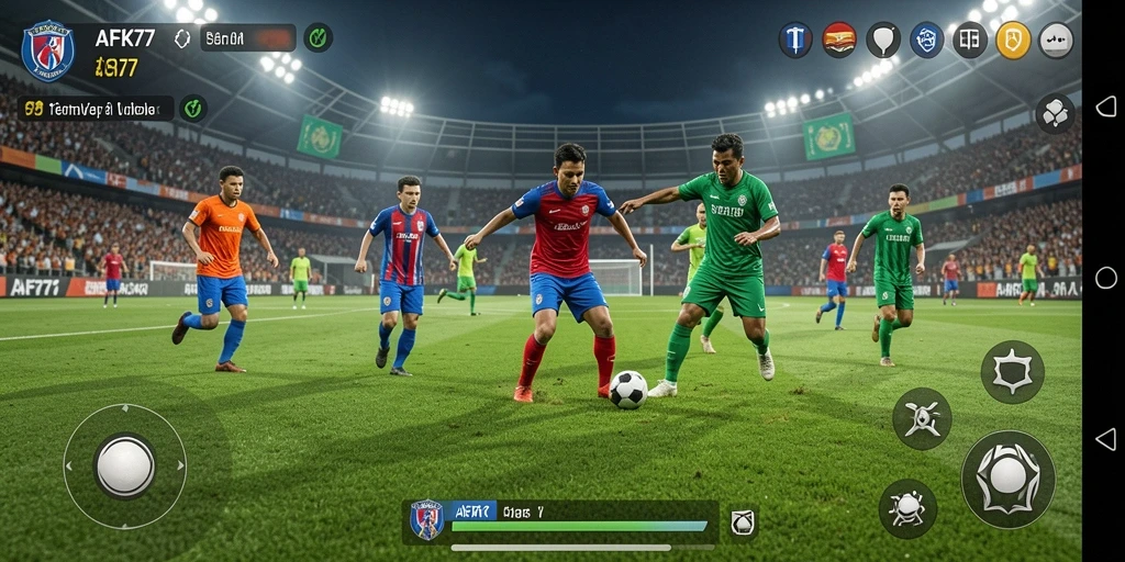 Screenshot gameplay <strong>AFK77</strong> menampilkan pertandingan sepak bola yang seru dan menegangkan.