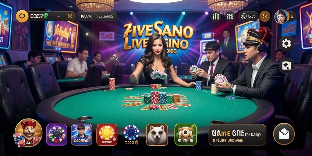 Screenshot gameplay EOS77 menunjukkan dealer langsung di meja kasino.