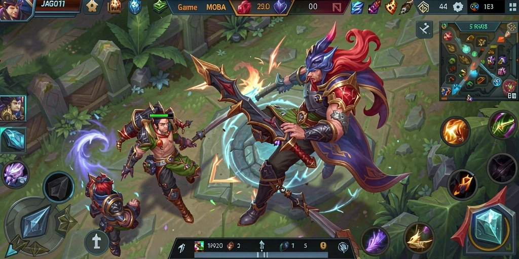 Tangkapan layar utama JAGO11 menampilkan aksi gameplay MOBA menarik.