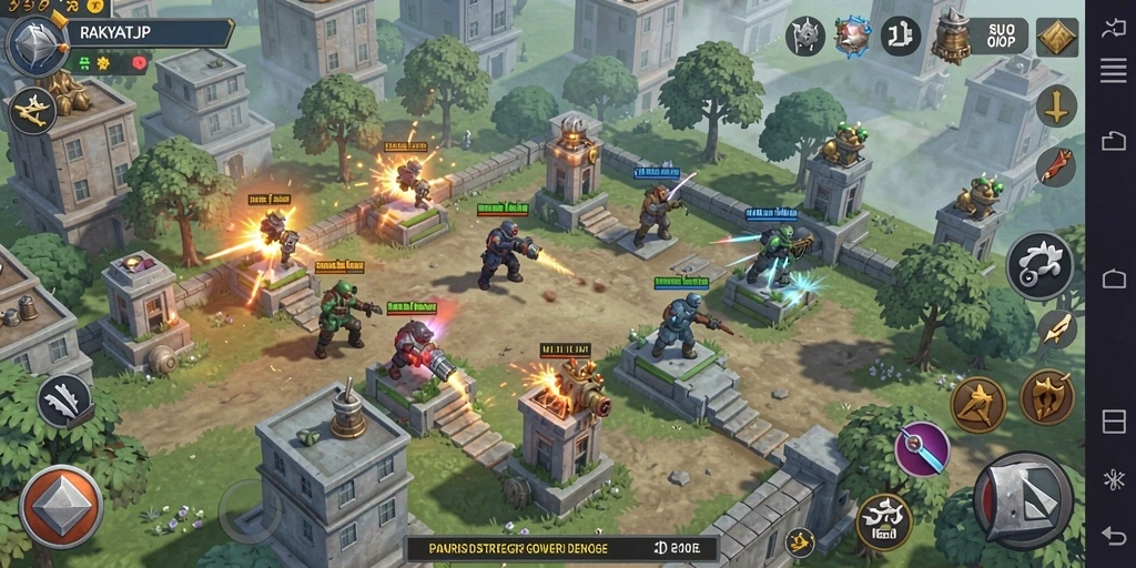 Screenshot RAKYATJP menampilkan aksi strategis dalam Tower Defense.